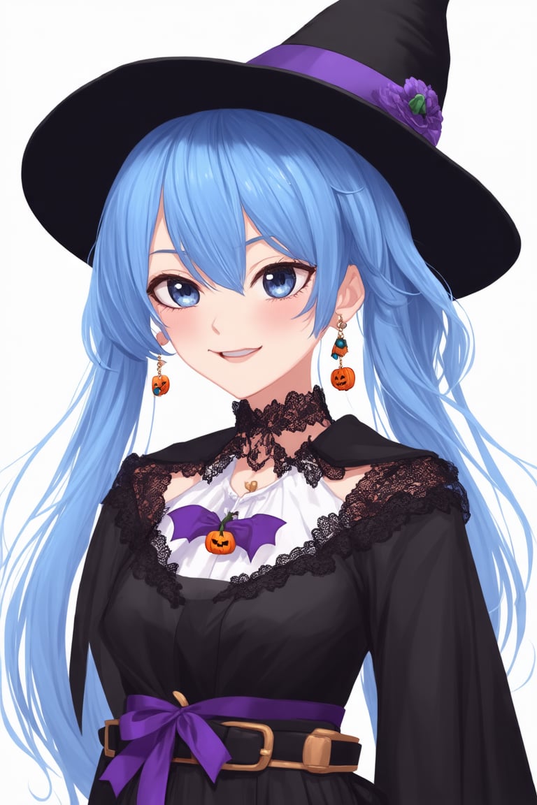 1girl, virtual youtuber, solo, blue eyes, blue hair, long hair, witch hat, Halloween costume, blush, earrings, looking at viewer, black dress, jewelry, pumpkin (symbol), symbol in eye, black cloak, bat in eye, bow earrings, off shoulder, black jacket, ribbon, black headwear, upper body, lace, hand on chest, closed mouth, purple ribbon, lace trim, one side up, lace choker, long sleeves, shirt, hair between eyes, bow, white background, belt, open clothes, hair ribbon,hoshimachi suisei, side pony tail