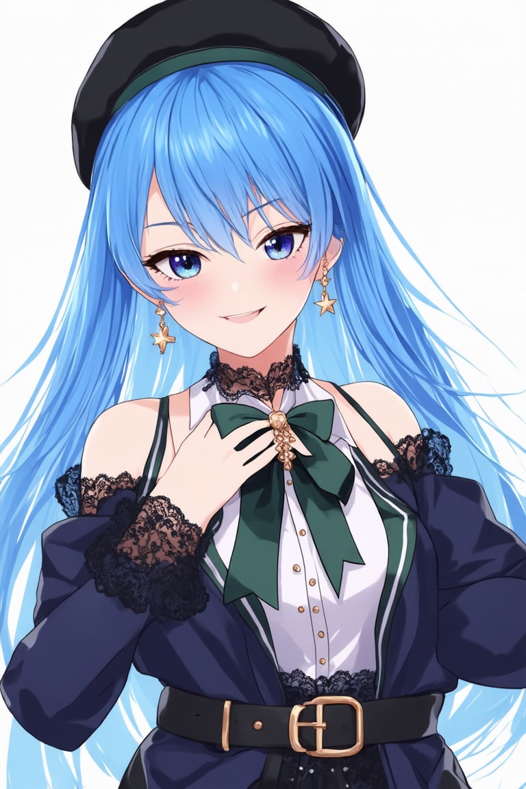 1girl, virtual youtuber, solo, blue eyes, blue hair, long hair, hat, official alternate costume, blush, earrings, looking at viewer, beret, official alternate hairstyle, jewelry, star \(symbol\), symbol in eye, jacket, star in eye, bow earrings, off shoulder, official alternate hair length, blue jacket, ribbon, black headwear, upper body, lace, hand on own chest, closed mouth, green ribbon, lace trim, one side up, lace choker, long sleeves, shirt, hair between eyes, bow, white background, belt, open clothes, hair ribbon