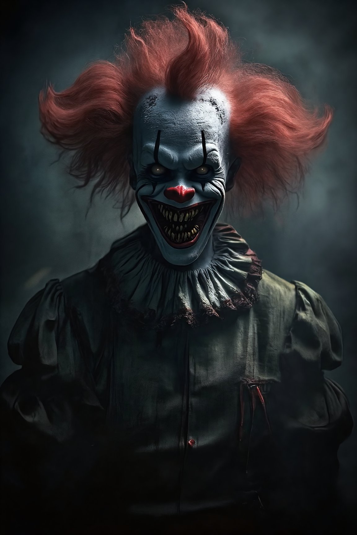 The image is a close-up of a clown's horror face. The clown has a menacing expression with sharp teeth and red eyes. Its hair is styled in a spiky, red mohawk that covers the top of its head. The background is dark and ominous, with a hint of smoke or fog. The overall mood of the image is eerie and menacing