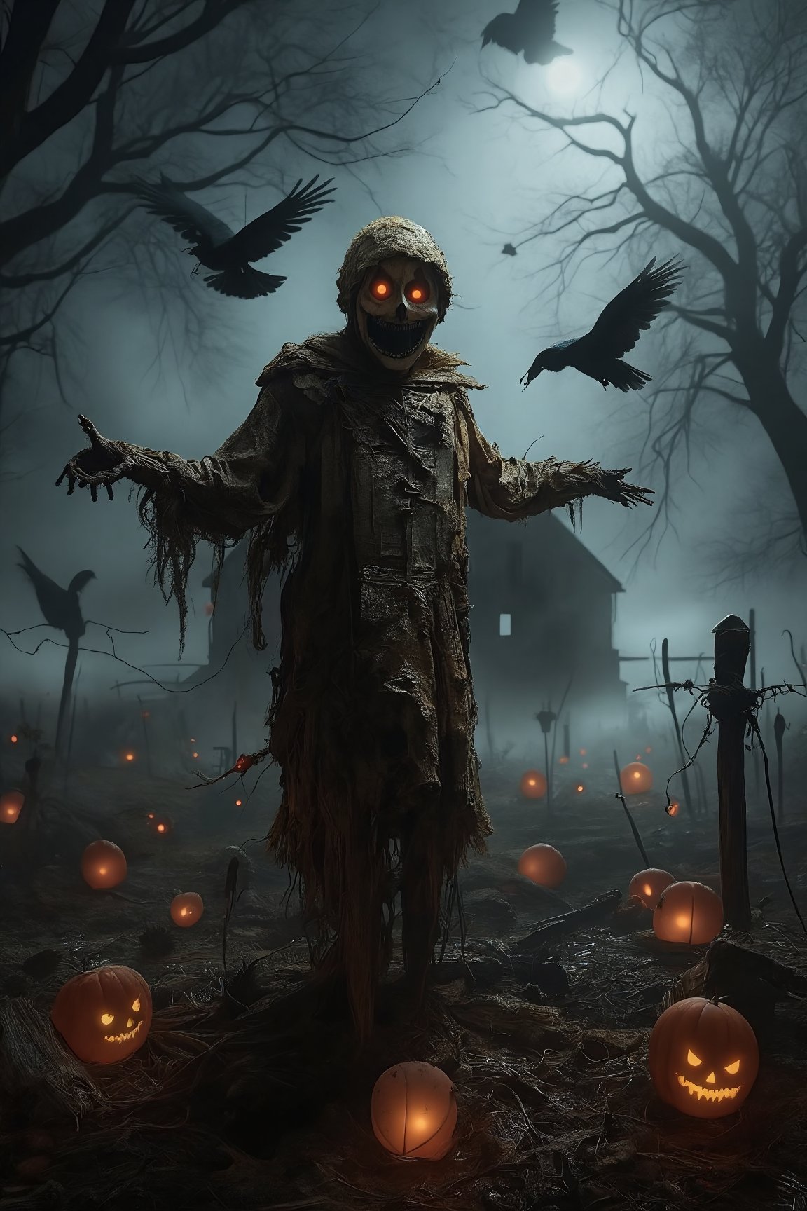 A menacing scarecrow stands alone in a desolate, fog-covered field at dusk, its tattered straw body illuminated by the faint glow of the setting sun. The scarecrow has a twisted, stitched burlap sack for a face, with glowing red eyes peering through jagged holes. Its arms are outstretched, with rusted nails and barbed wire wrapped around its limbs. The scarecrow’s tattered clothes flutter eerily in the cold breeze, and crows circle above, cawing ominously. The field is filled with broken, withered crops, and the ground is littered with dry, cracked soil. In the background, an old, abandoned barn stands in ruins, barely visible through the thick fog, casting long, eerie shadows across the barren landscape, aerial view,DarkHalloween