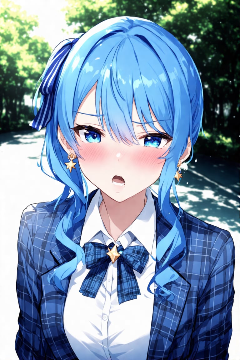 hoshimachi suisei,1girl, virtual youtuber, solo, blue hair, blue eyes, blush, jewelry, shirt, jacket, earrings, star (symbol), looking at viewer, bow, white shirt, upper body, side ponytail, school uniform, bowtie, plaid bow, collared shirt, hair ribbon, alternate costume, star earrings, ribbon, star in eye, blazer, closed mouth, symbol in eye, long hair, hair between eyes, sweatdrop, medium hair, wavy mouth, outdoors, blurry background, blue jacket, plaid, embarrassed