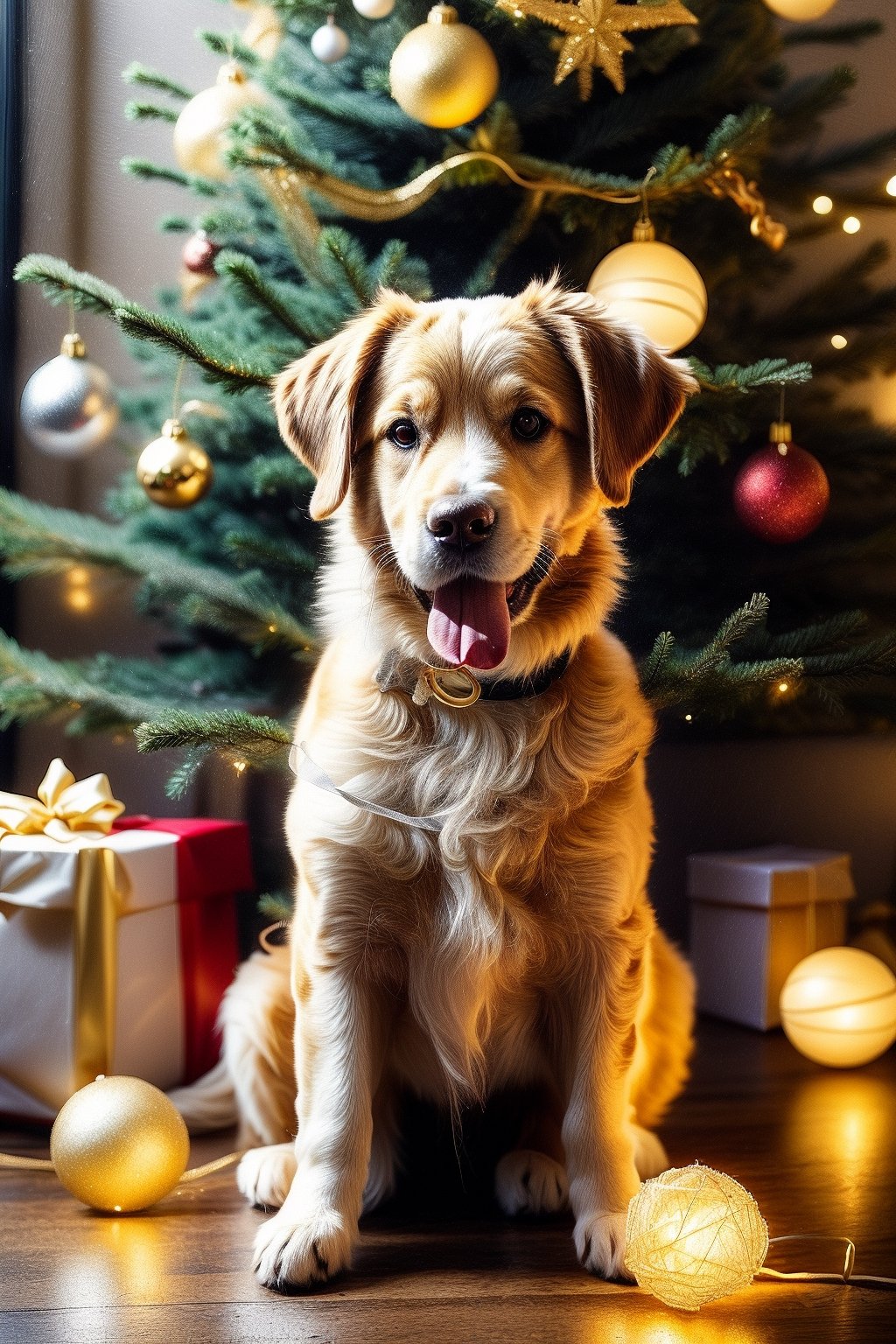 Naughty Golden retriever, tangled up in large Christmas lights, Christmas tree in background, sharp focus on image, 
eating Christmas cracker , name Tom