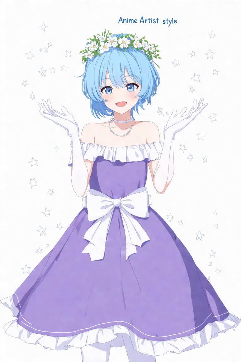 Anime_style_14, (best quality, masterpiece, ultra detailed, 8K, RAW photo), The image is a digital illustration of a young girl with blue hair and a flower crown on her head. She is wearing a purple dress with a white off-the-shoulder neckline and a large bow on the waist. She has white gloves on her hands and is standing in front of a white background with small white stars scattered around. The girl has a big smile on her face and is looking directly at the camera, text "Anime Artist style" on centered