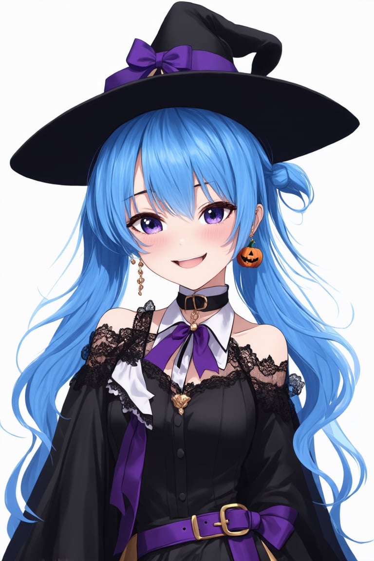 1girl, virtual youtuber, solo, blue eyes, blue hair, long hair, witch hat, Halloween costume, blush, earrings, looking at viewer, black dress, jewelry, pumpkin (symbol), symbol in eye, black cloak, bat in eye, bow earrings, off shoulder, black jacket, ribbon, black headwear, upper body, lace, hand on chest, closed mouth, purple ribbon, lace trim, one side up, lace choker, long sleeves, shirt, hair between eyes, bow, white background, belt, open clothes, hair ribbon,hoshimachi suisei, side pony tail