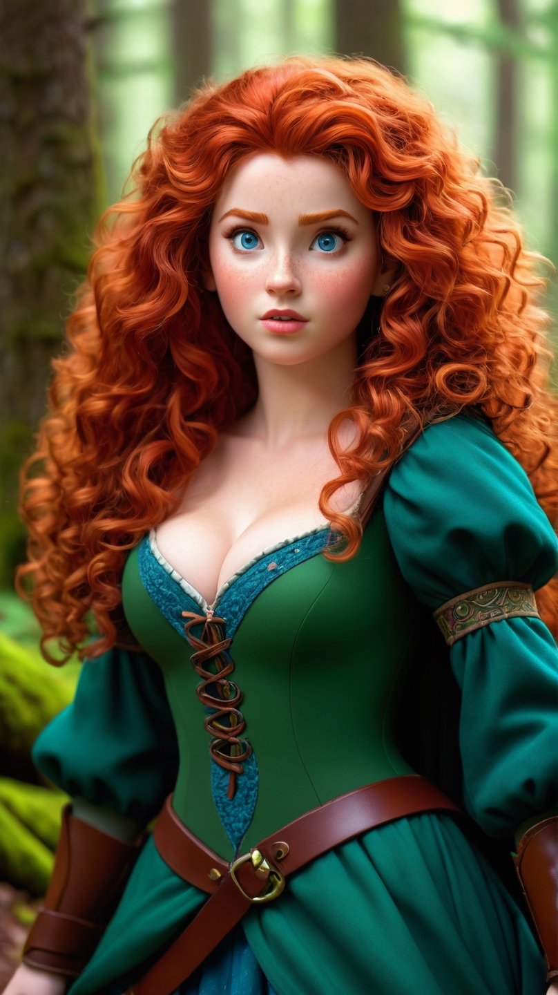 masterpiece, best quality, expressive eyes, perfect face, big eyes, looking at viewer, large breast, big breast, small waist, , Best Quality, Realistic, perfect figure, highly detailed, showing cleavage, dressed as merida from brave, Red curly hair, big hair, blue eyes, Green outfit, in the forest, detailed dress, freckles on her face, cheek blush, big puffy hair, very curly hair,Pixel art