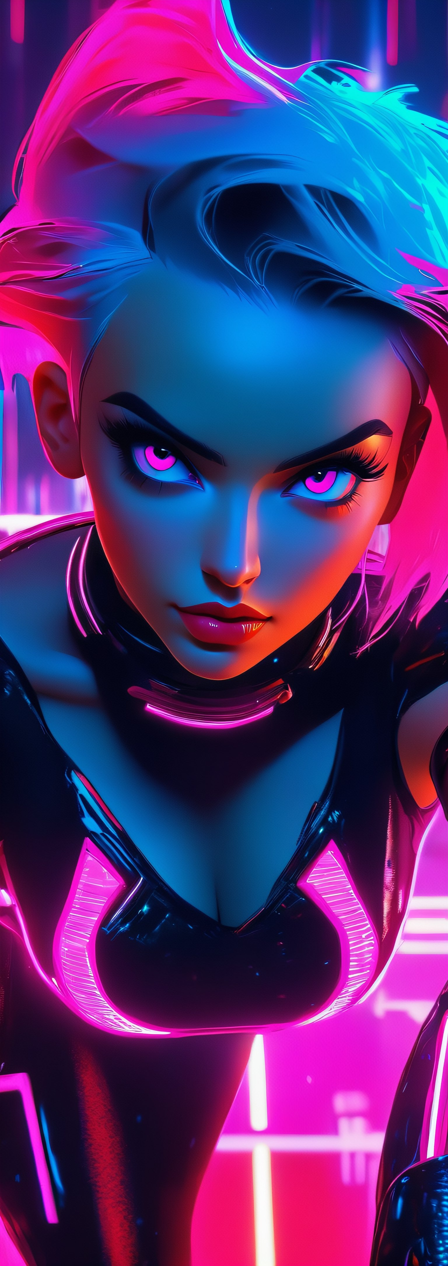 Macro script quality, ultra realistic,HD, HQ, 4K, 8K, high details, full body shot, neon background, young woman, huge cleavage, short pink hair, neon clothes, hand guns, futuristic, sci-fi, perfect face, perfect red eyes, full plump lips,