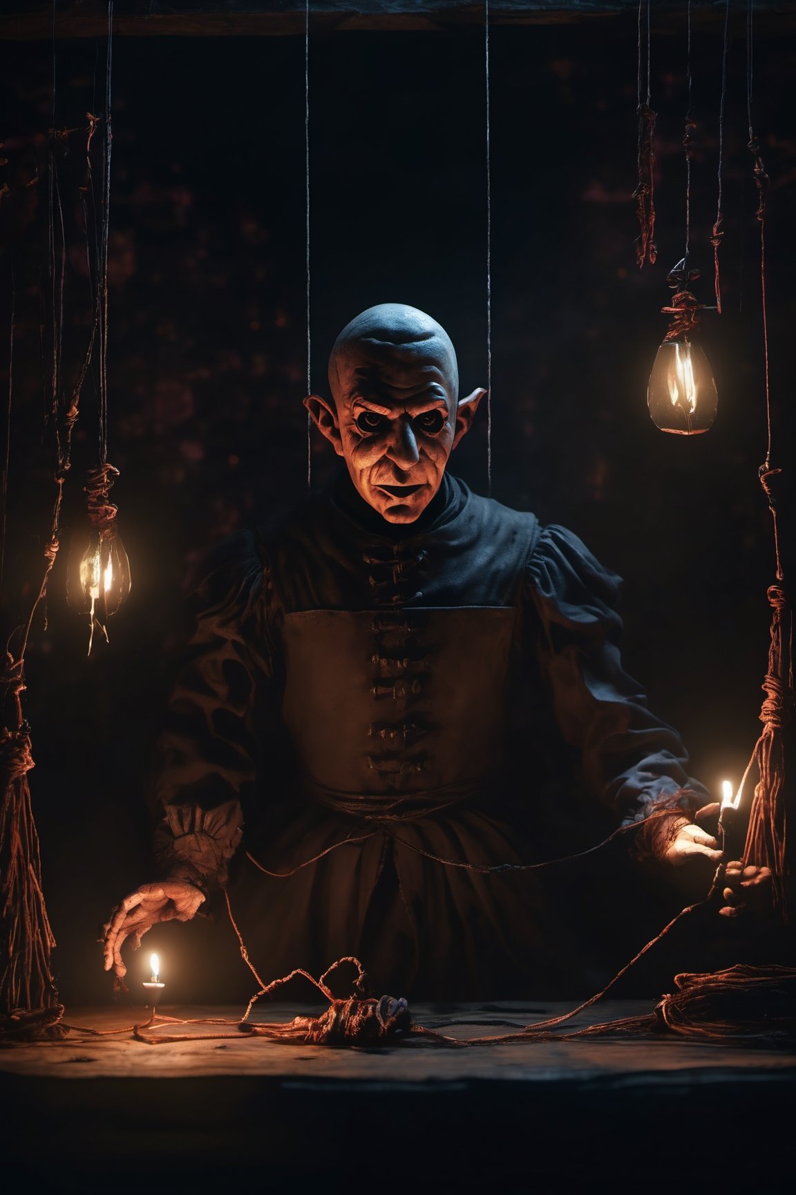 Craft an image of a puppetmaster whose creations have come to life,  their strings controlled by a sinister figure lurking...