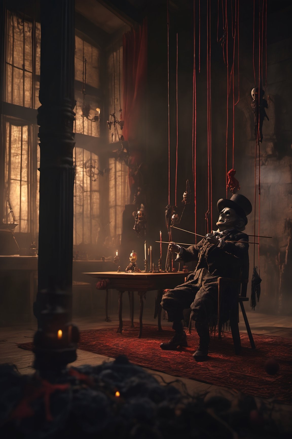 Craft an image of a puppetmaster whose creations have come to life,  their strings controlled by a sinister figure lurking...