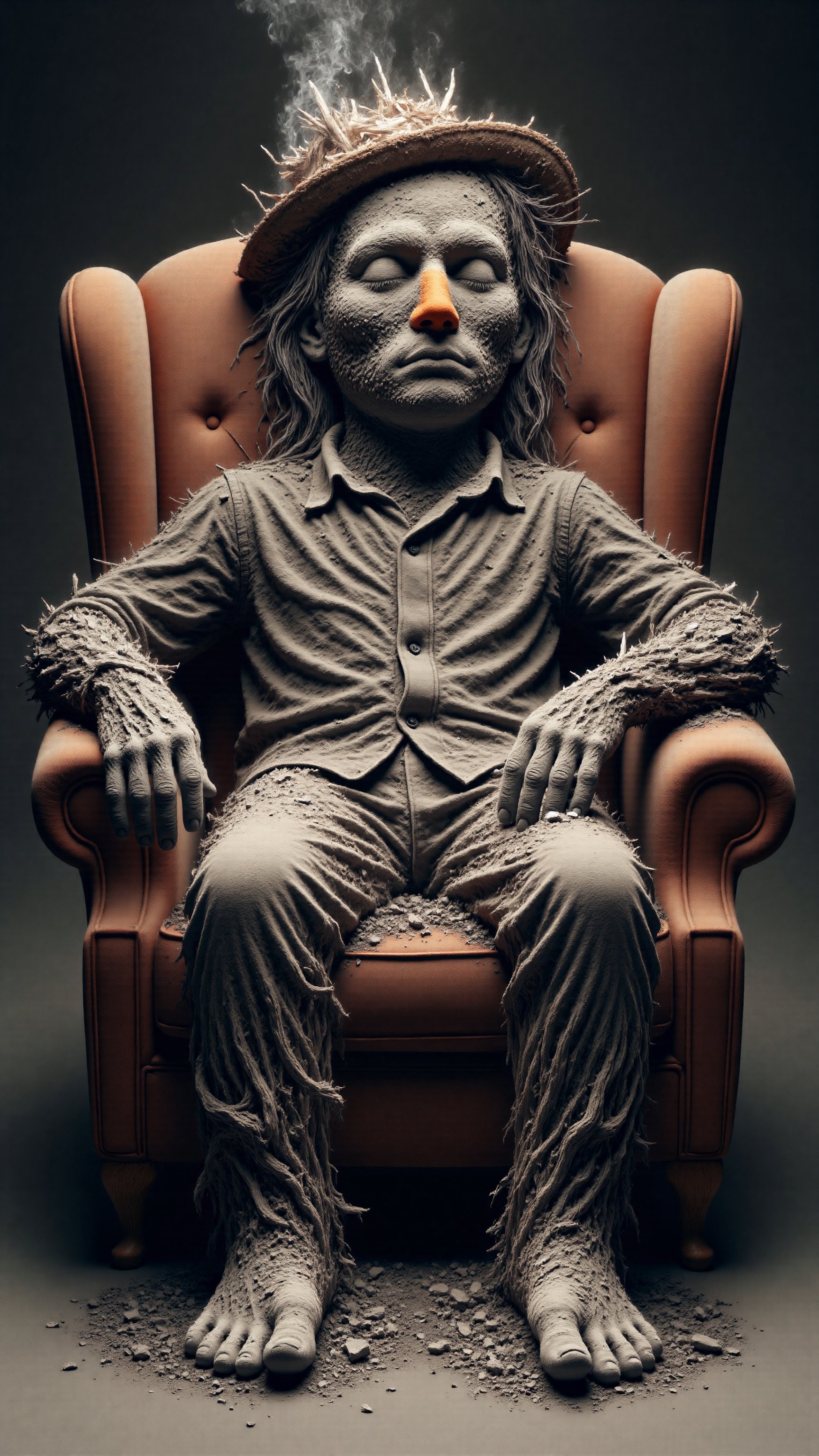 Photo of a scarecrow sitting in an armchair, sleeping, straw hat, carrot nose, straw poking out of clothes, tattered clothes, ash hands, ash feet, 