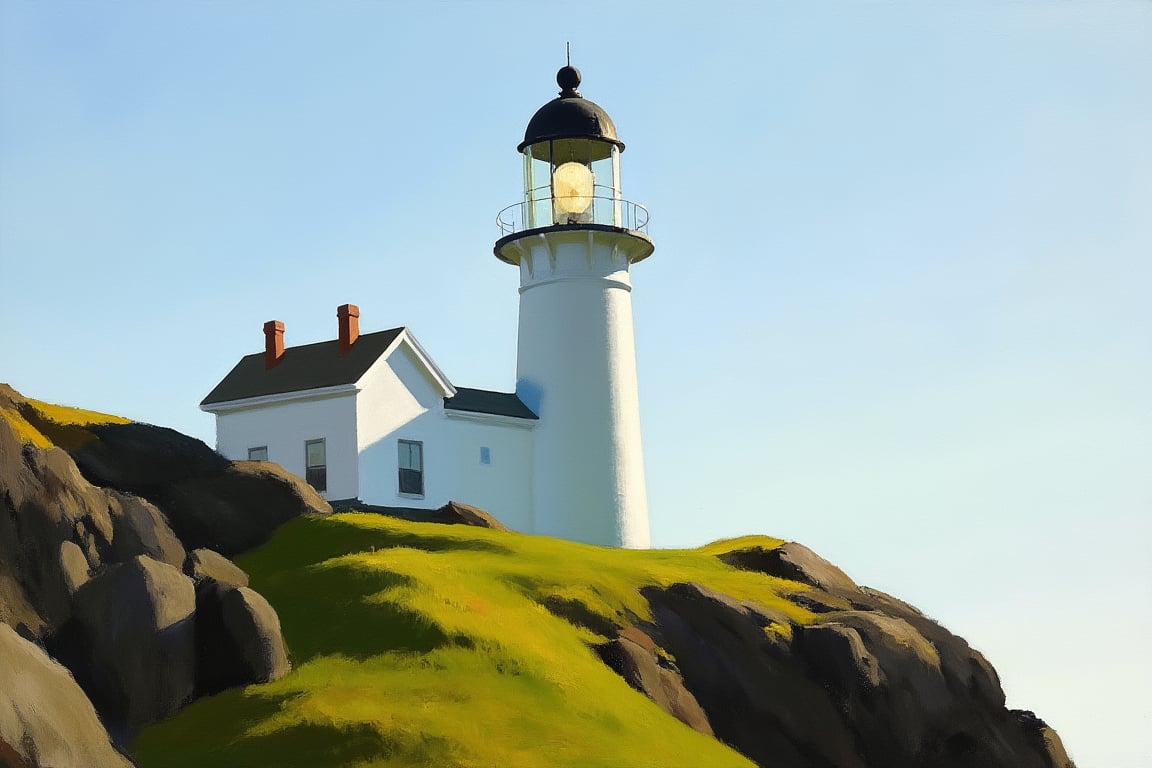 An EdwardH0pp3r style oil painting of an isolated white lighthouse on a steep hillside. A small geometrically irregular house is connected to the main tower, the focus is on the interplay of light and shadow from the tower and house on each other and the rocky green hillside. 