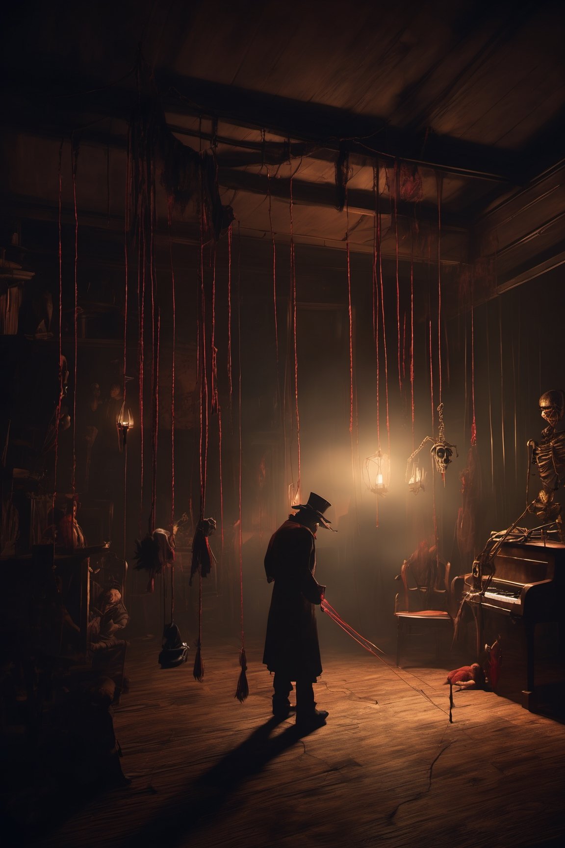 Craft an image of a puppetmaster whose creations have come to life,  their strings controlled by a sinister figure lurking...