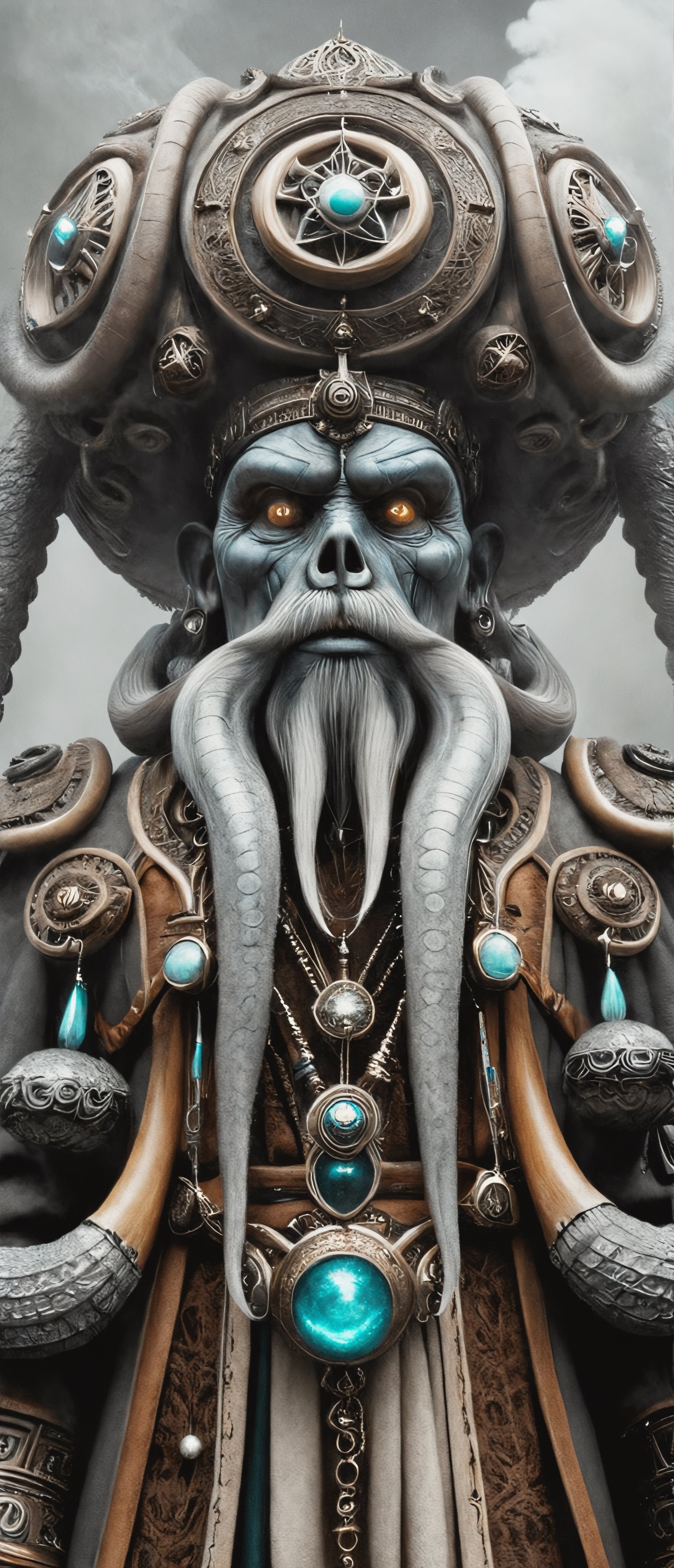 incredible depiction of a anthropomorphic octopus shaman, ancient and old, ornate trinkets, elaborate, tribal, beautiful, highly detailed and intricate, hypermaximalist, ornate, luxury, ominous, smoke, atmospheric desert, haunting, matte painting, cinematic, cgsociety, Antonio J. Manzanedo, Vladimir Matyukhin, Brian froud