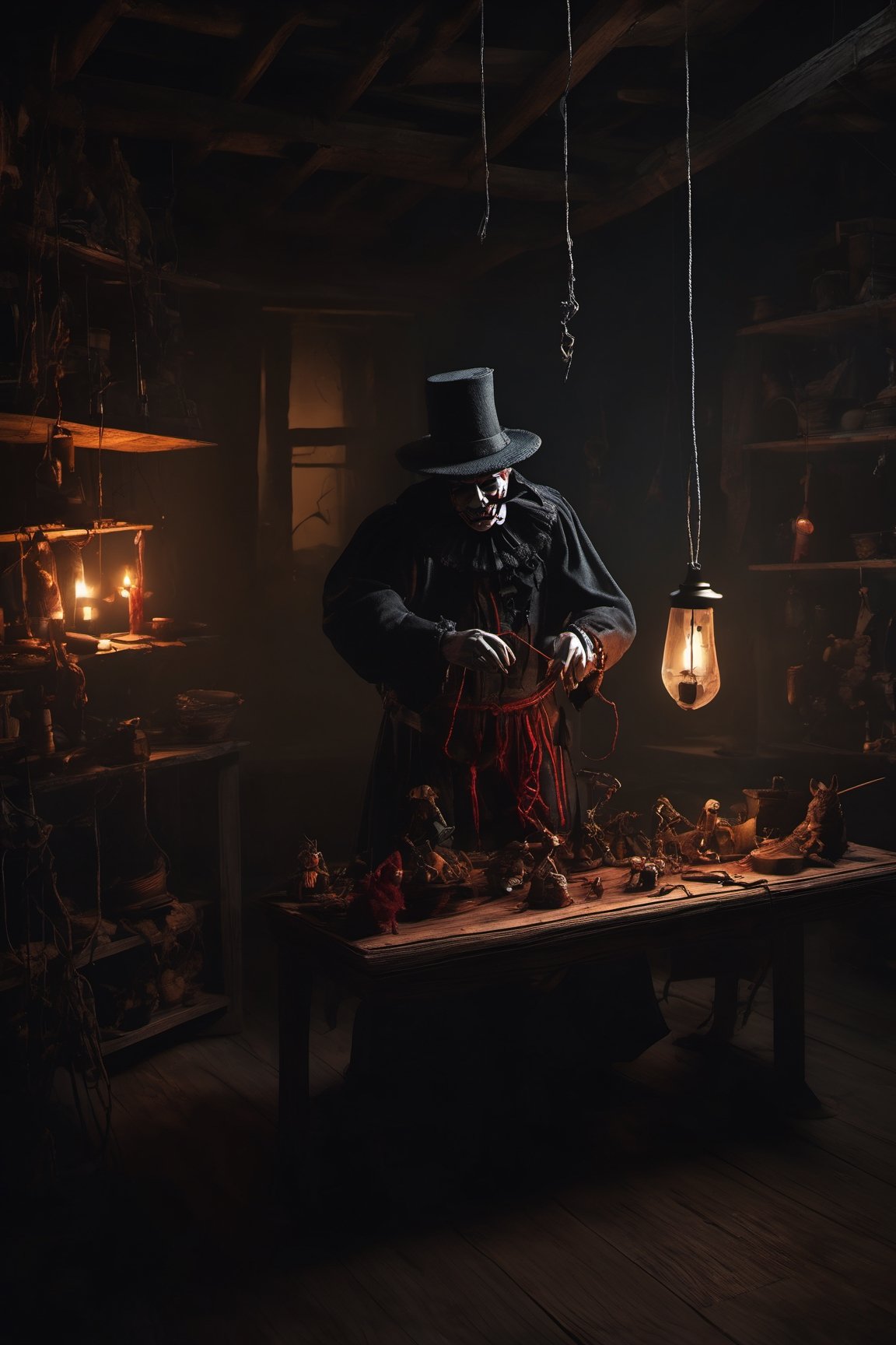 Craft an image of a puppetmaster whose creations have come to life,  their strings controlled by a sinister figure lurking...