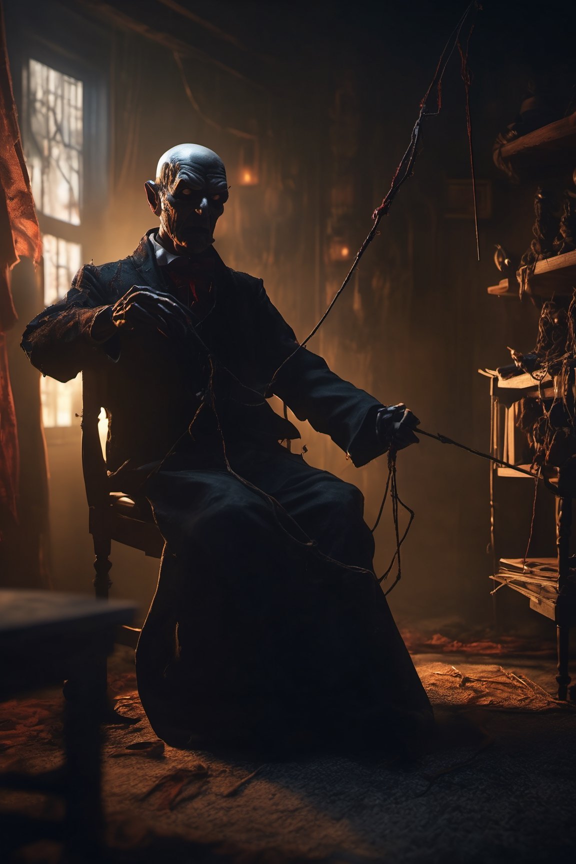 Craft an image of a puppetmaster whose creations have come to life,  their strings controlled by a sinister figure lurking...