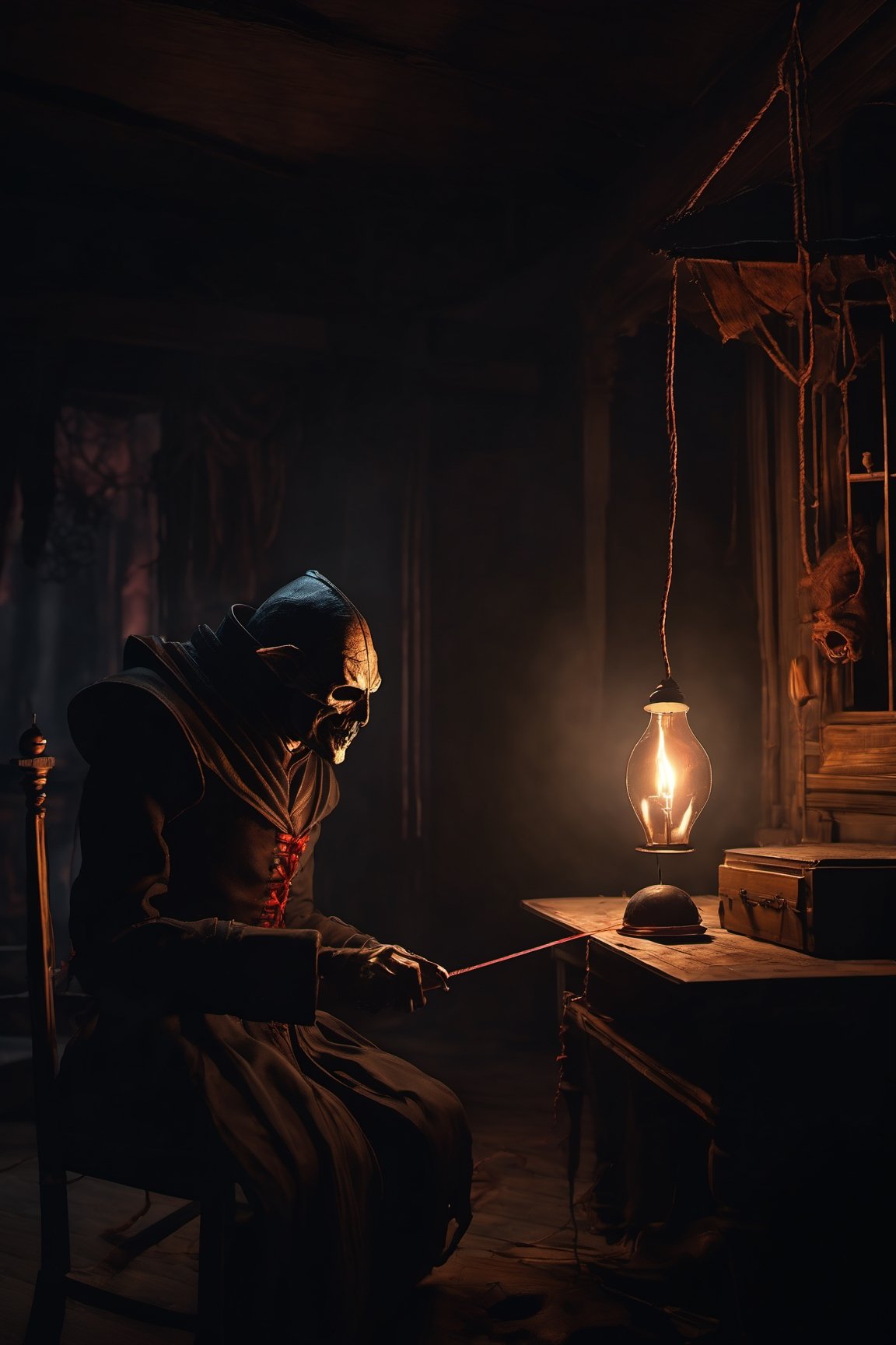 Craft an image of a puppetmaster whose creations have come to life,  their strings controlled by a sinister figure lurking...