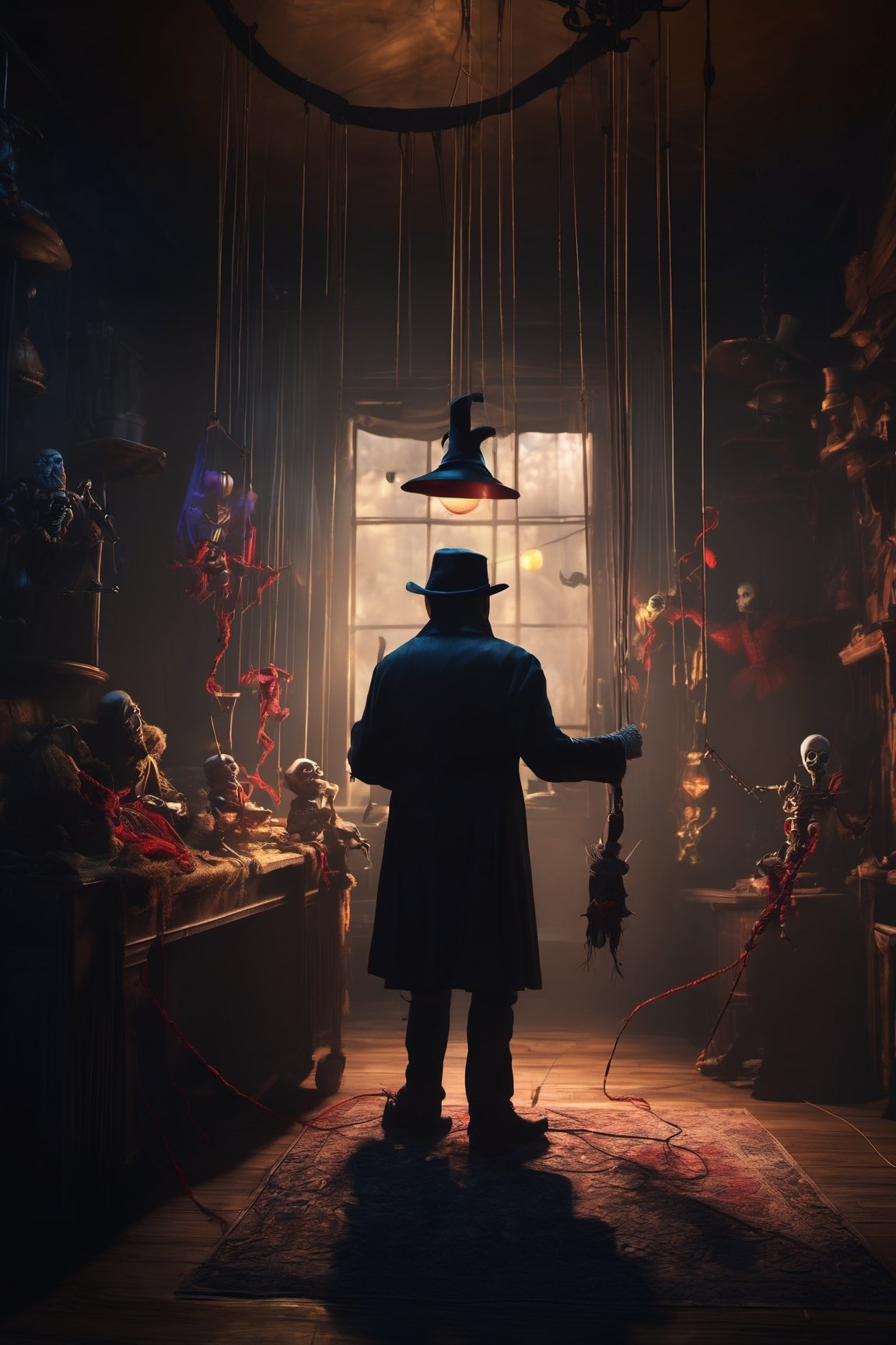 Craft an image of a puppetmaster whose creations have come to life,  their strings controlled by a sinister figure lurking...