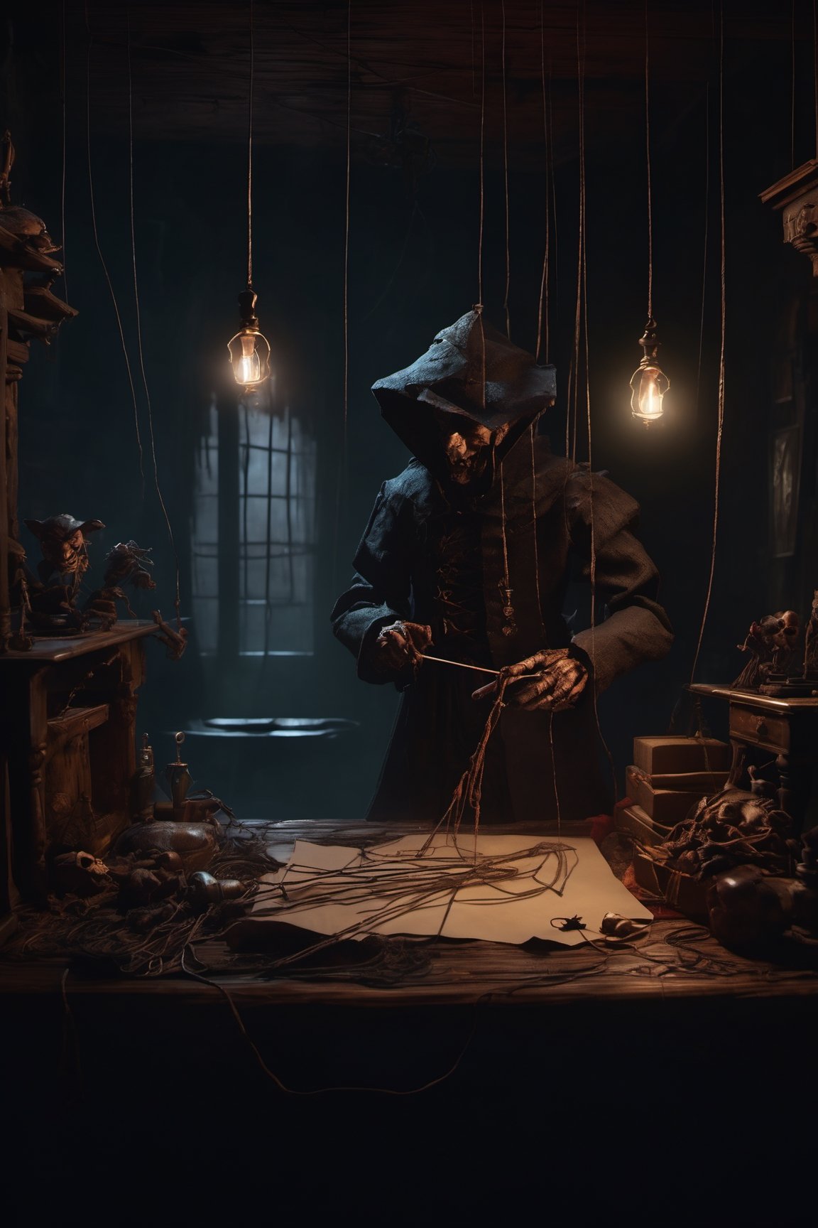 Craft an image of a puppetmaster whose creations have come to life,  their strings controlled by a sinister figure lurking...