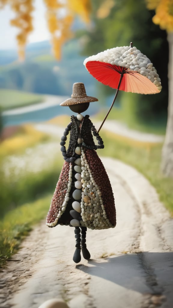 A whimsical character made out of smooth river pebbles. Dressed elegantly. Holding a parasol. Strolling on a country road. Inspired by Katia Chausheva's viennese actionism.