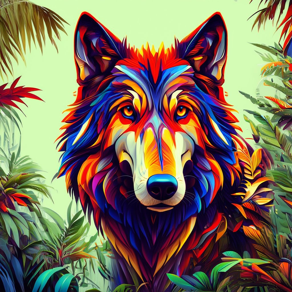 AAsp3ctr4m0rph1qu3 style abstract wolf, vibrant, high-resolution colours, two-tone colour rainforest background, humid atmosphere