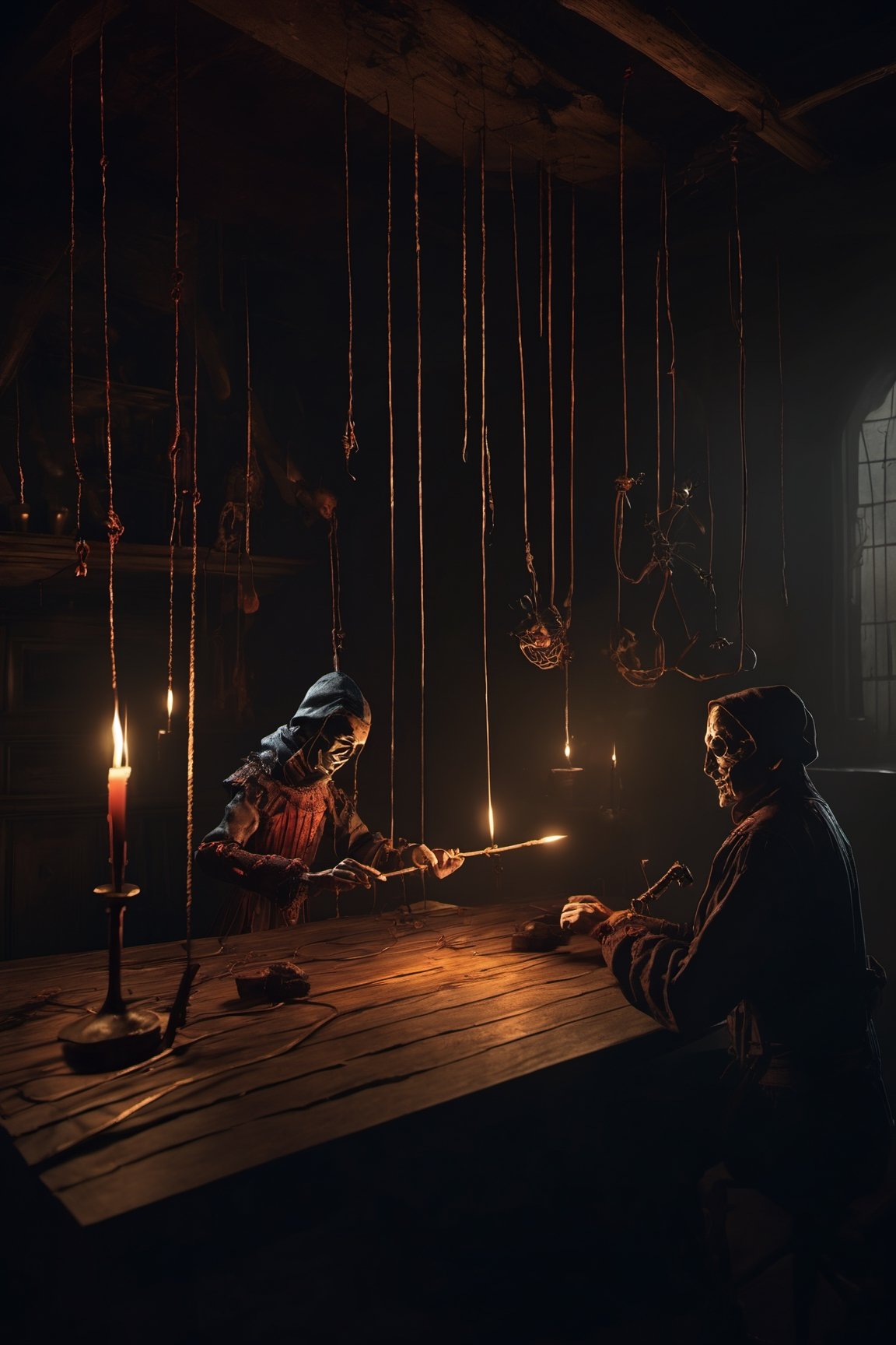 Craft an image of a puppetmaster whose creations have come to life,  their strings controlled by a sinister figure lurking...