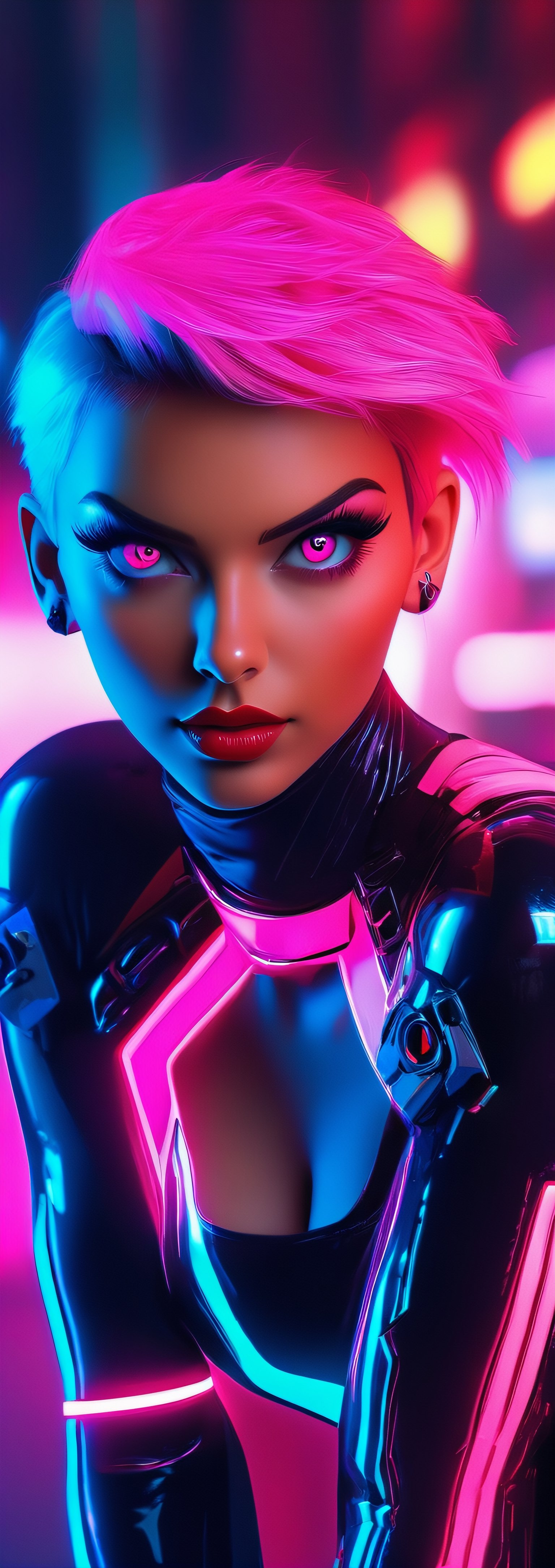 Macro script quality, ultra realistic,HD, HQ, 4K, 8K, high details, full body shot, neon background, young woman, huge cleavage, short pink hair, neon clothes, hand guns, futuristic, sci-fi, perfect face, perfect red eyes, full plump lips,