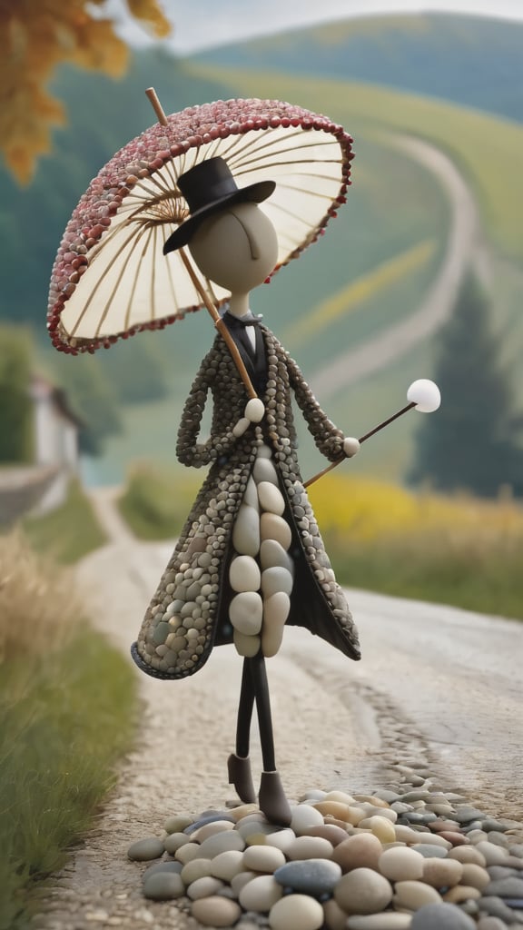 A whimsical character made out of smooth river pebbles. Dressed elegantly. Holding a parasol. Strolling on a country road. Inspired by Katia Chausheva's viennese actionism.