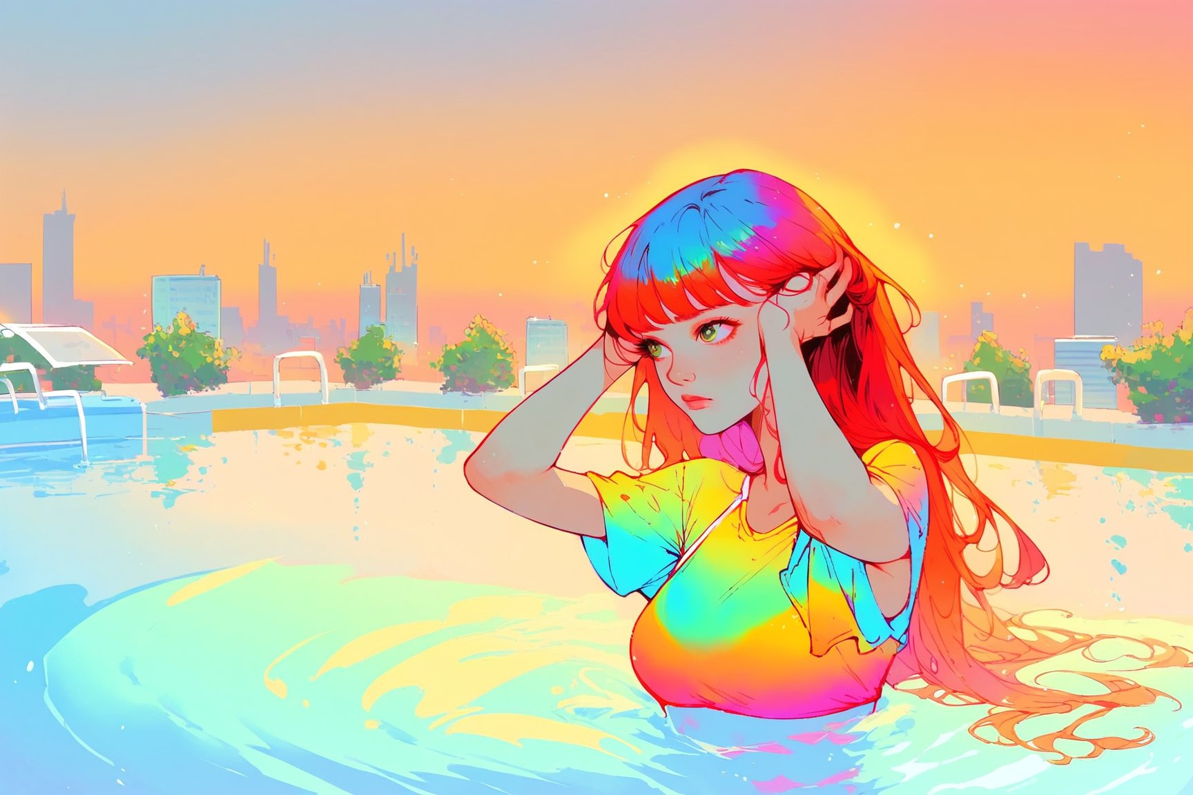 score_9, score_8_up, score_7_up, 1girl, long hair, bangs, half body in pool, bikini, hands in hair, colourful, thermal, orange, green, yellow, blue, rooftop pool, sunset, skyline 