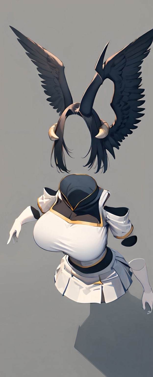 nobody,alone,horn,Albedo (Overlord),wing,Big breasts,skirt,Hip vents,black wing,white Gloves,Gloves,white skirt,hair between eyes,yellow eyes,feathered wing,demon horn,feather,slit pupil,split collar,black feather,Cowboy shooting,elbow Gloves,white horn,permanent,demon wing,