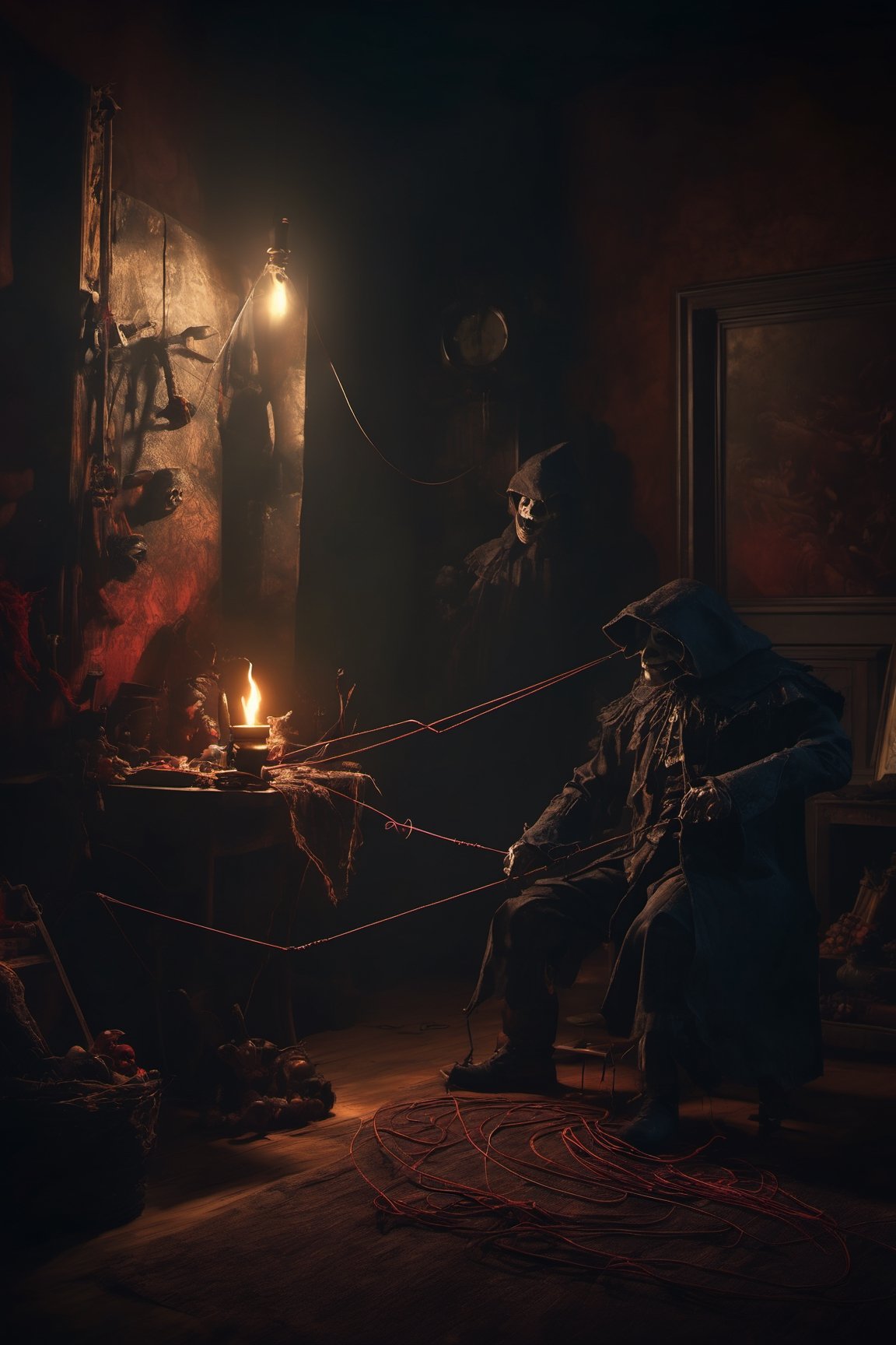 Craft an image of a puppetmaster whose creations have come to life,  their strings controlled by a sinister figure lurking...