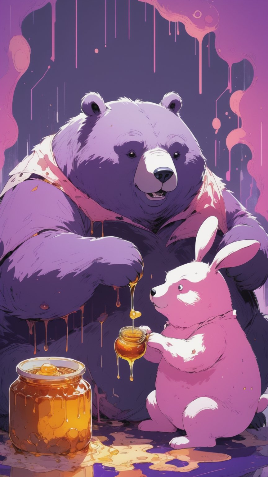 Photo of a purple fat bear eating a pot of honey,  while a pink rabbit looks on.
Negative prompt: Anime,  cartoon,  graphic,  text,  painting,  crayon,  graphite,  abstract,  glitch,  deformed,  mutated,  ugly,  disfigured