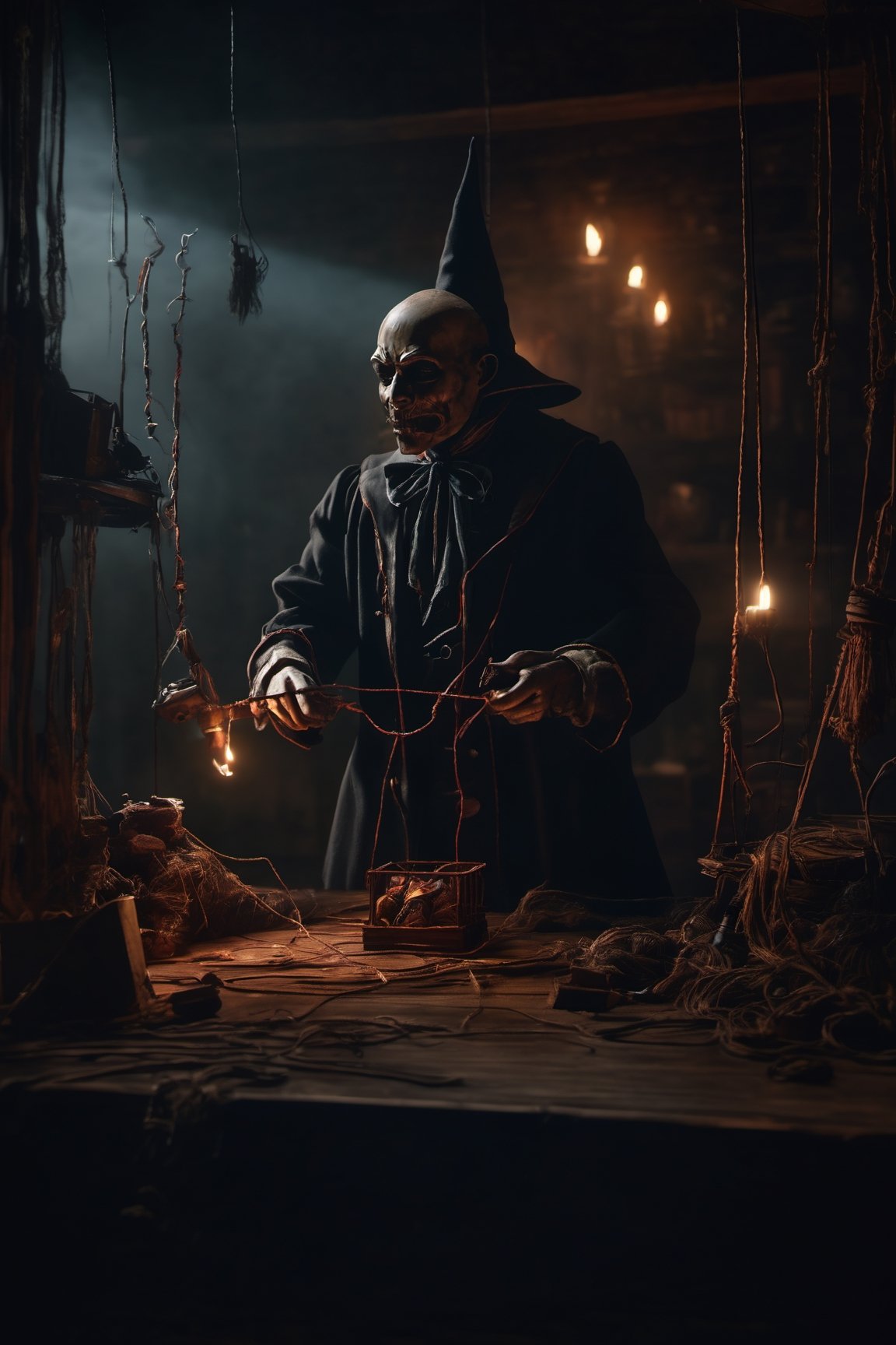 Craft an image of a puppetmaster whose creations have come to life,  their strings controlled by a sinister figure lurking...
