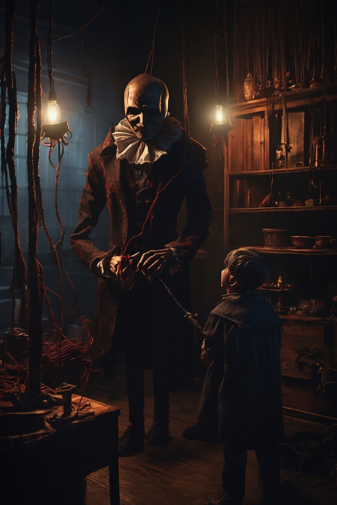 Craft an image of a puppetmaster whose creations have come to life,  their strings controlled by a sinister figure lurking...