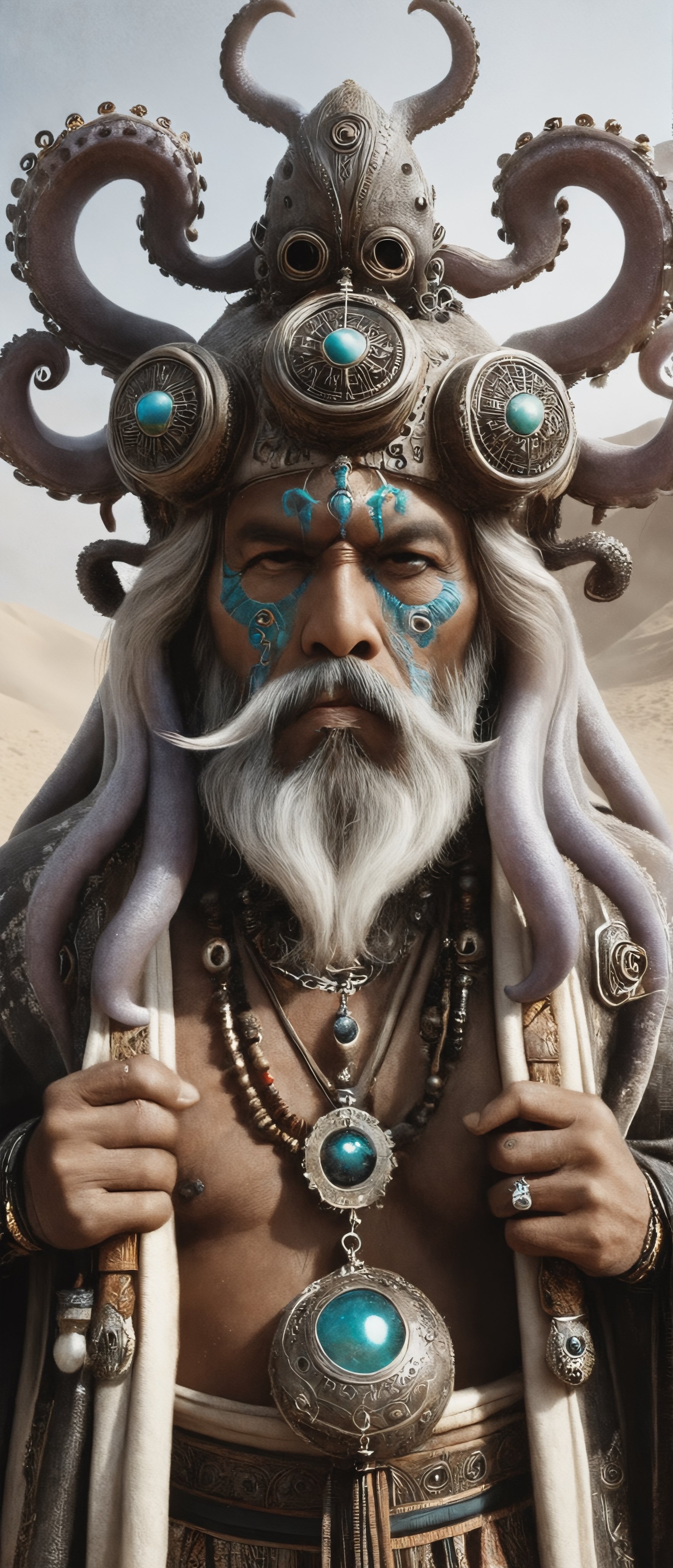 incredible depiction of a anthropomorphic octopus shaman, ancient and old, ornate trinkets, elaborate, tribal, beautiful, highly detailed and intricate, hypermaximalist, ornate, luxury, ominous, smoke, atmospheric desert, haunting, matte painting, cinematic, cgsociety, Antonio J. Manzanedo, Vladimir Matyukhin, Brian froud