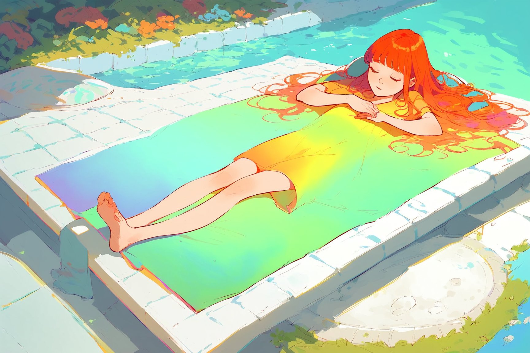 score_9, score_8_up, score_7_up, 1girl, long hair, bangs, full body, sunbathing, colourful, thermal, thermal pool, orange, green, yellow, blue, poolside,