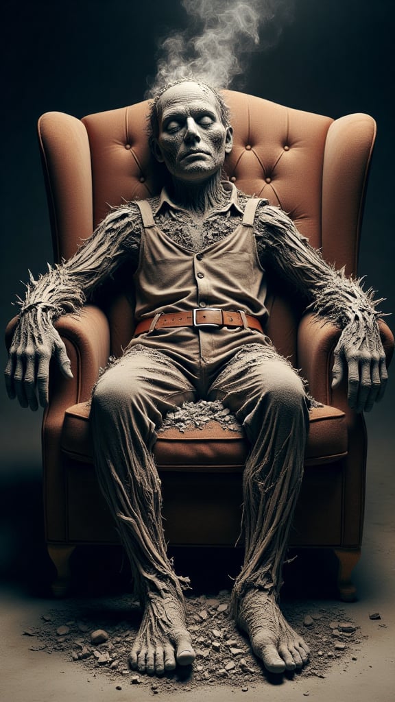 Photo of a scarecrow sitting in an armchair, sleeping, tattered clothes, ash legs, ash feet, 