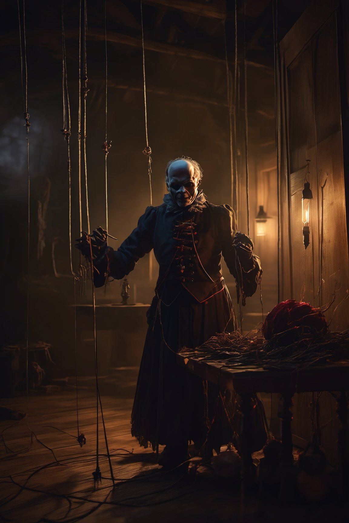 Craft an image of a puppetmaster whose creations have come to life,  their strings controlled by a sinister figure lurking...