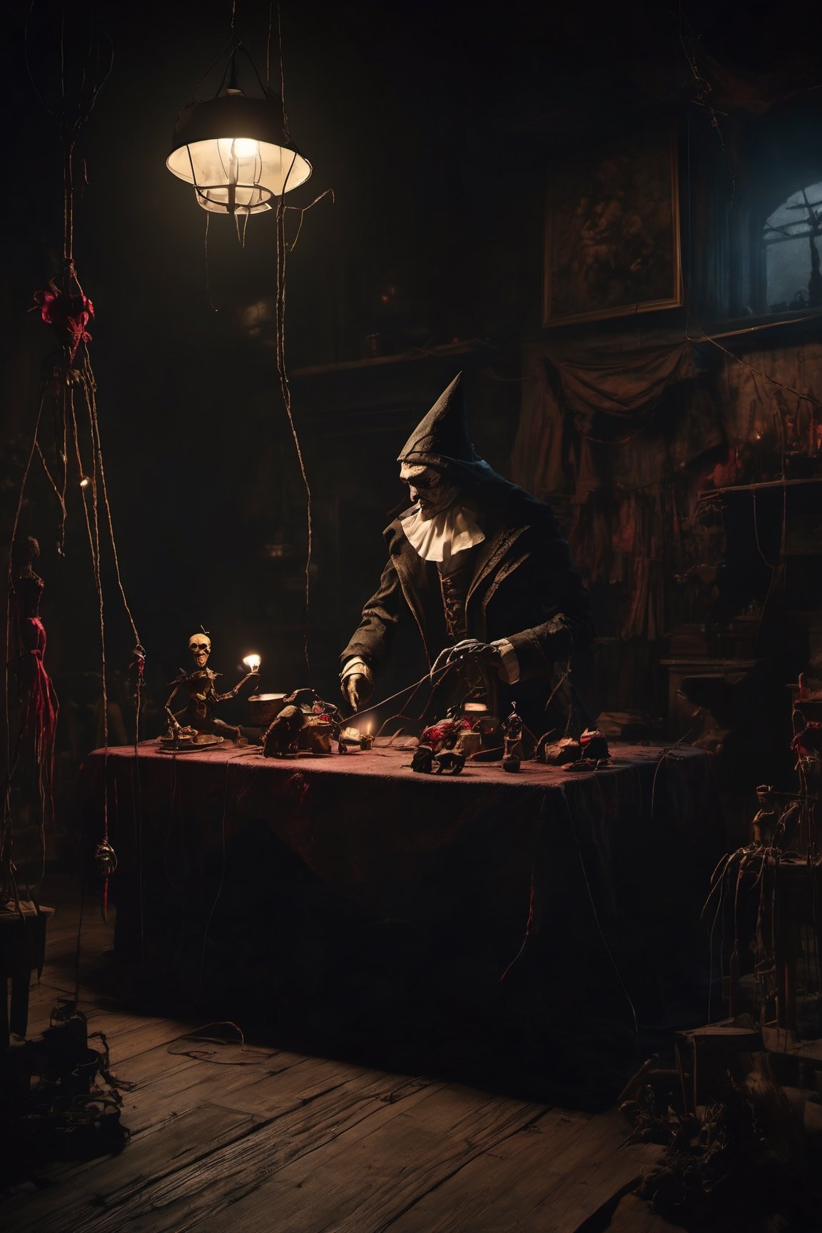 Craft an image of a puppetmaster whose creations have come to life,  their strings controlled by a sinister figure lurking...