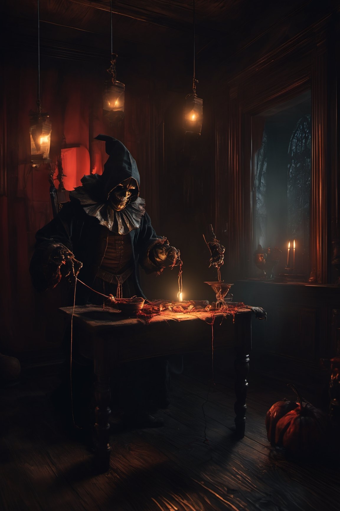 Craft an image of a puppetmaster whose creations have come to life,  their strings controlled by a sinister figure lurking...
