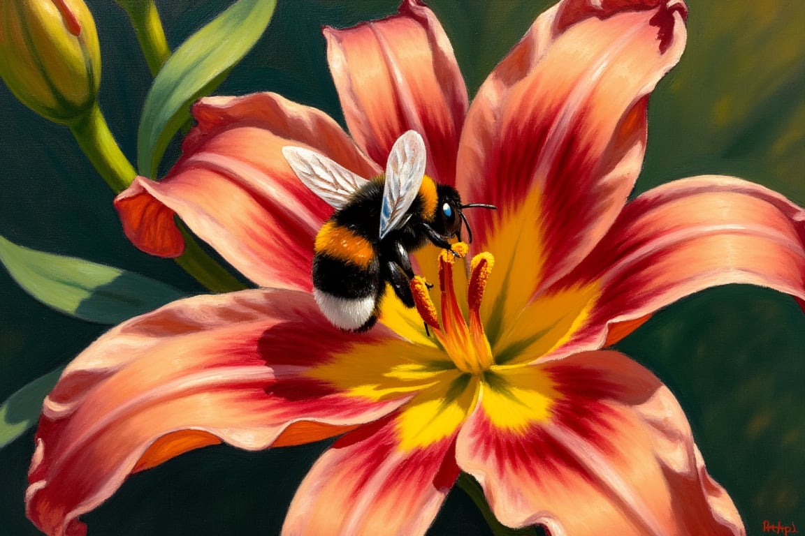 An EdwardH0pp3r style oil on canvas depicting a beautiful bumble bee perched delicately on a lily petal collecting pollen, vibrantly colourful, epic composition, dramatic shadow 