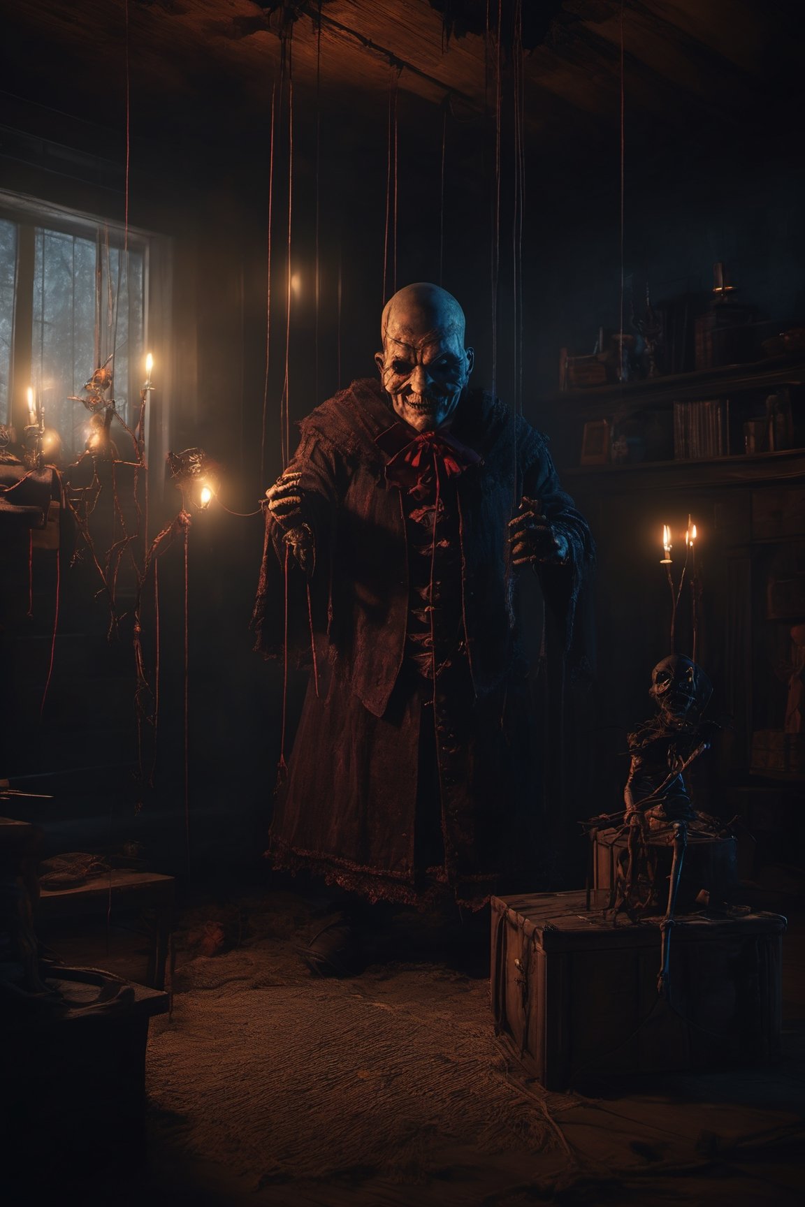 Craft an image of a puppetmaster whose creations have come to life,  their strings controlled by a sinister figure lurking...