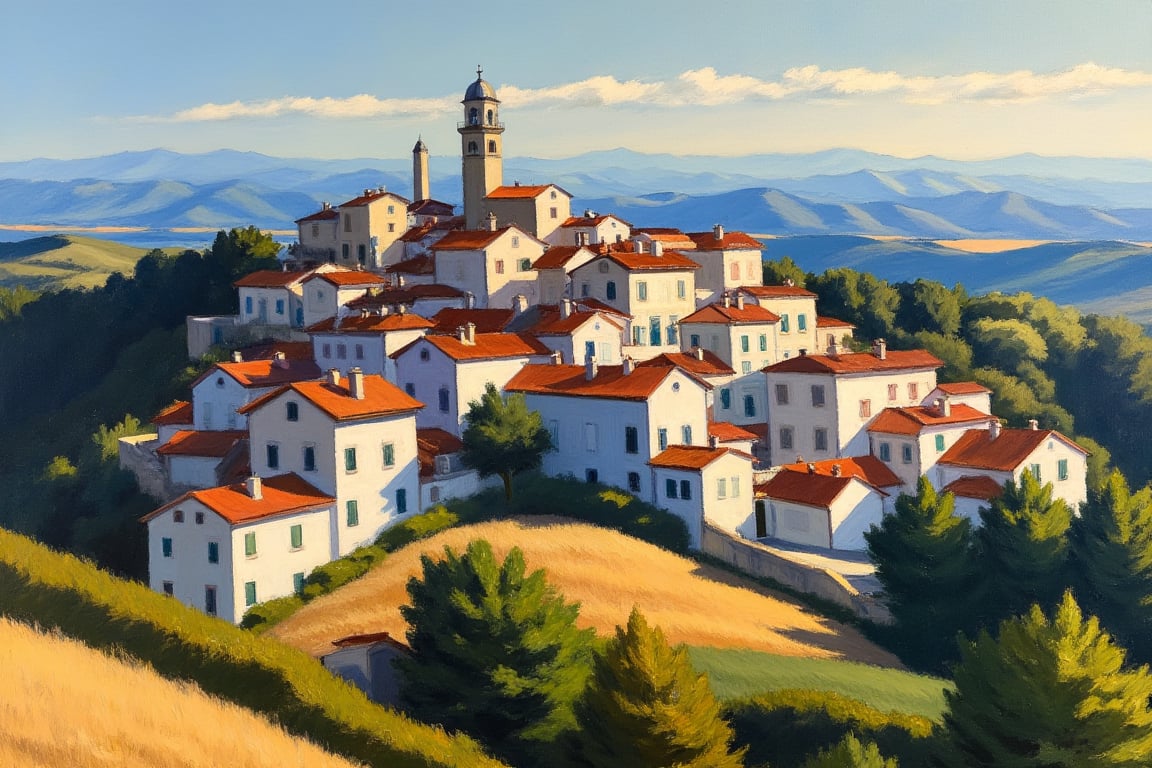 An EdwardH0pp3r style oil on canvas painting depicting a hillside Italian village with it's beautiful minimalist architecture casting enigmatic complex shadows.