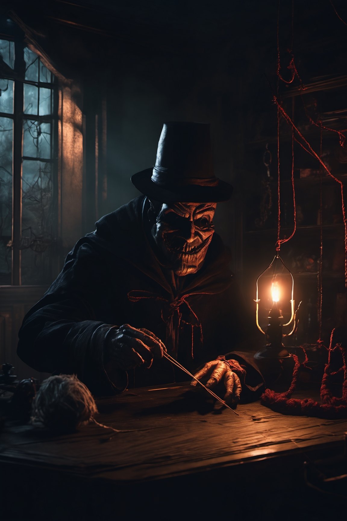 Craft an image of a puppetmaster whose creations have come to life,  their strings controlled by a sinister figure lurking...