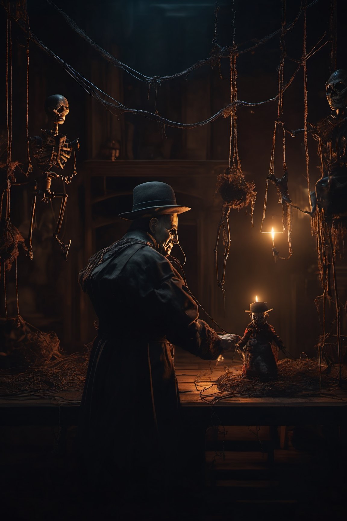 Craft an image of a puppetmaster whose creations have come to life,  their strings controlled by a sinister figure lurking...