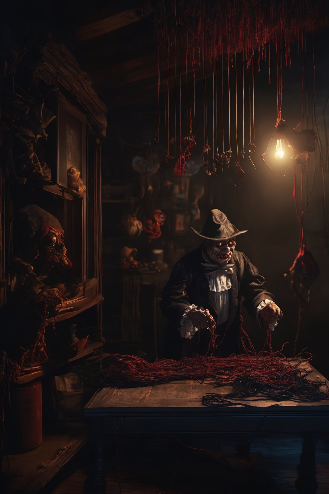 Craft an image of a puppetmaster whose creations have come to life,  their strings controlled by a sinister figure lurking...