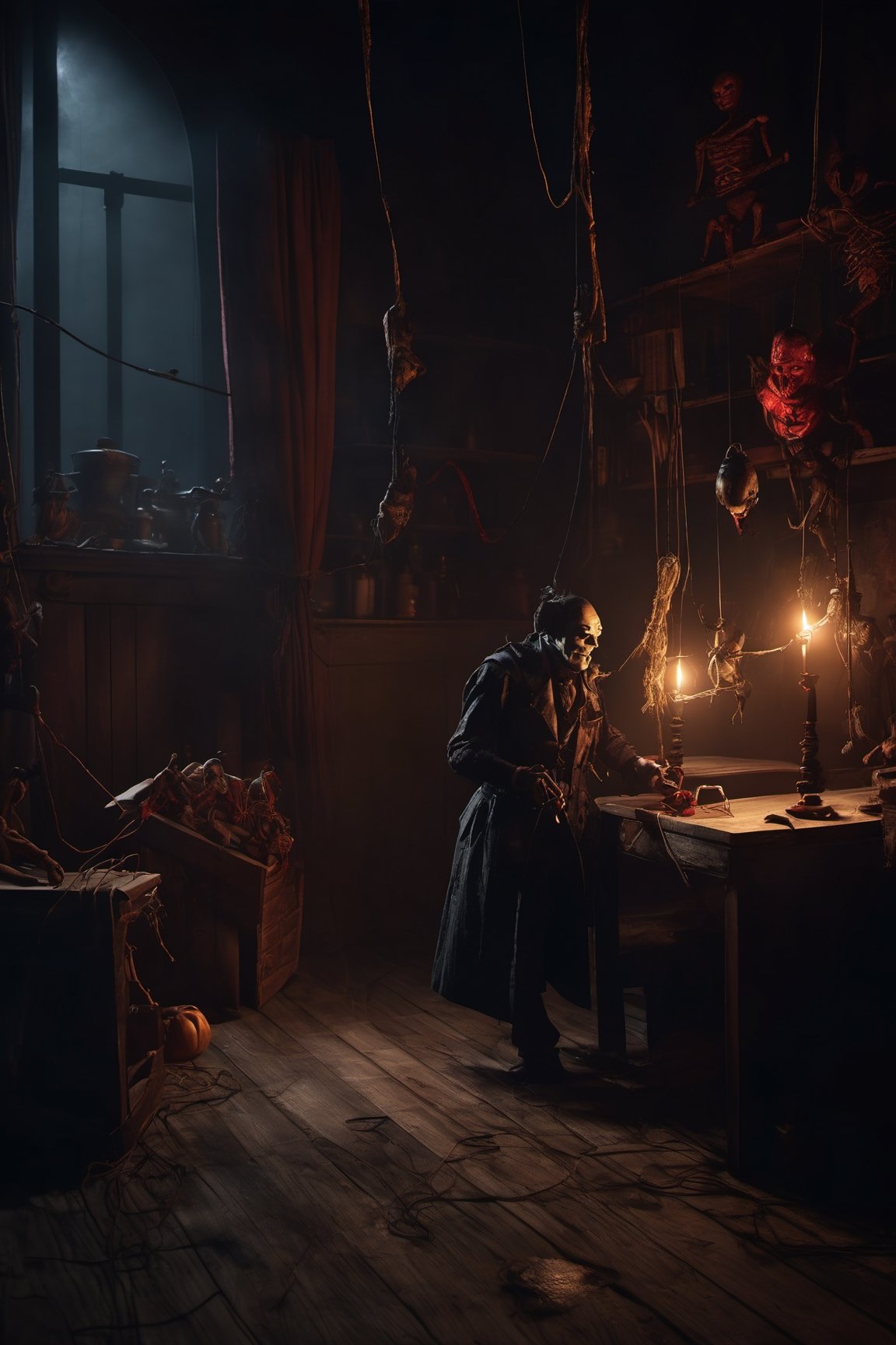 Craft an image of a puppetmaster whose creations have come to life,  their strings controlled by a sinister figure lurking...