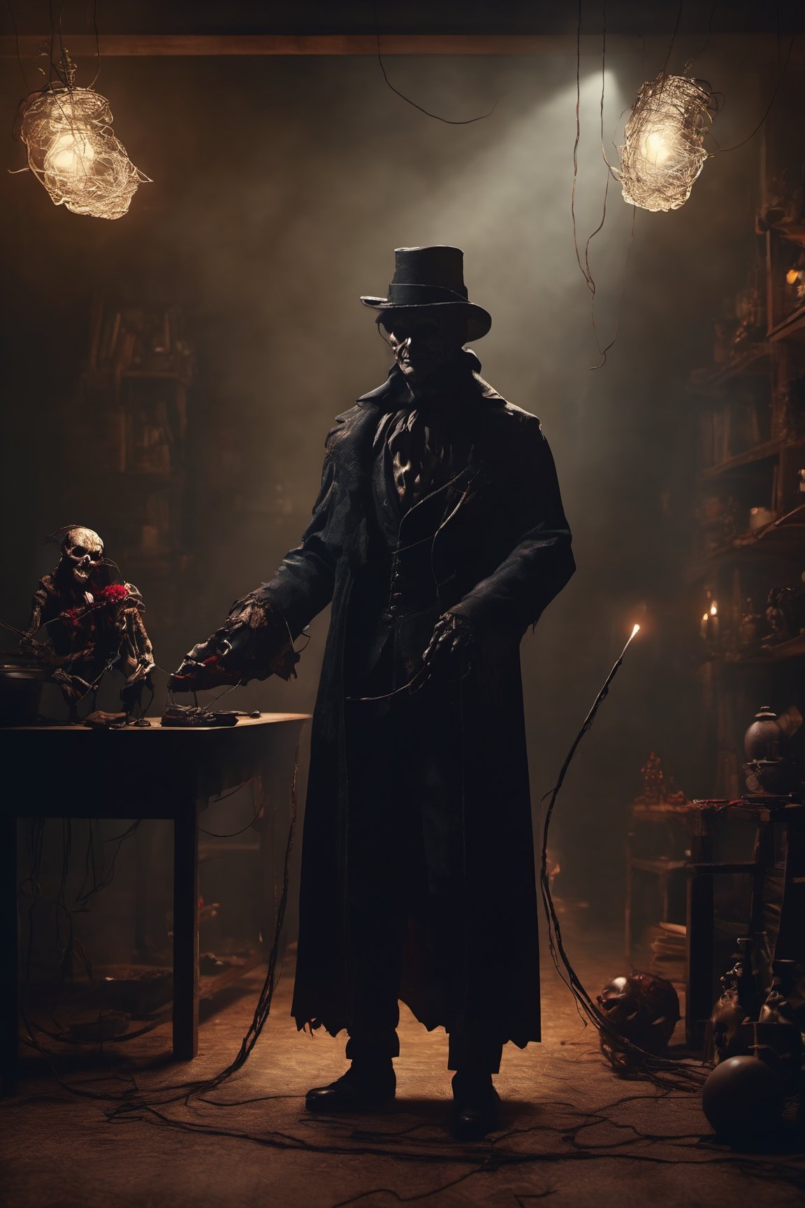Craft an image of a puppetmaster whose creations have come to life,  their strings controlled by a sinister figure lurking...