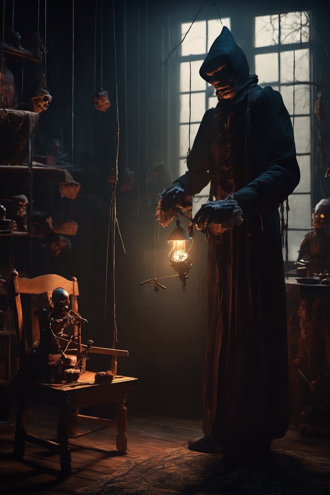Craft an image of a puppetmaster whose creations have come to life,  their strings controlled by a sinister figure lurking...