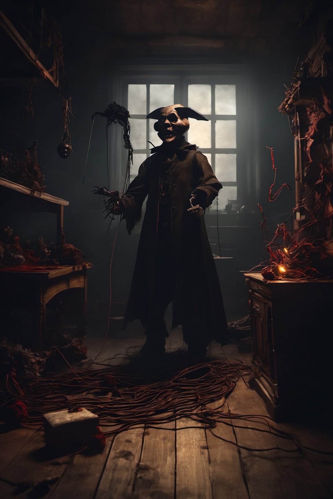 Craft an image of a puppetmaster whose creations have come to life,  their strings controlled by a sinister figure lurking...