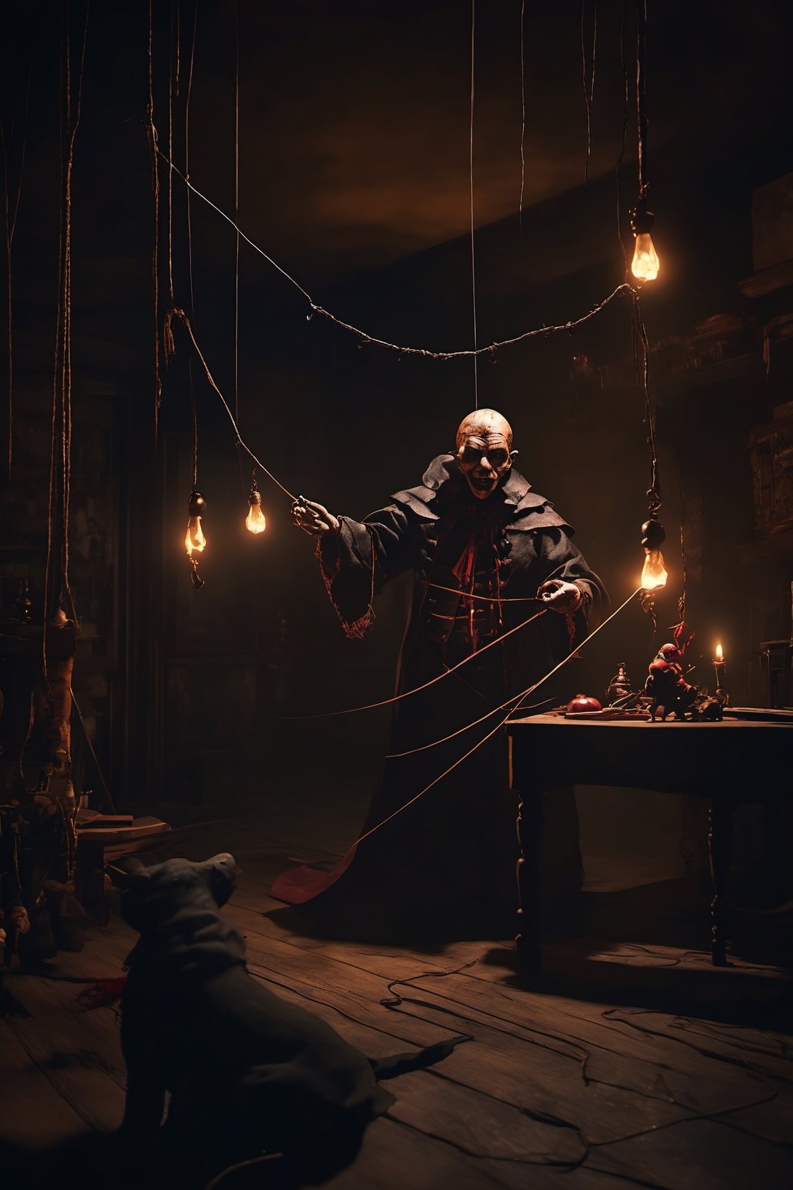 Craft an image of a puppetmaster whose creations have come to life,  their strings controlled by a sinister figure lurking...