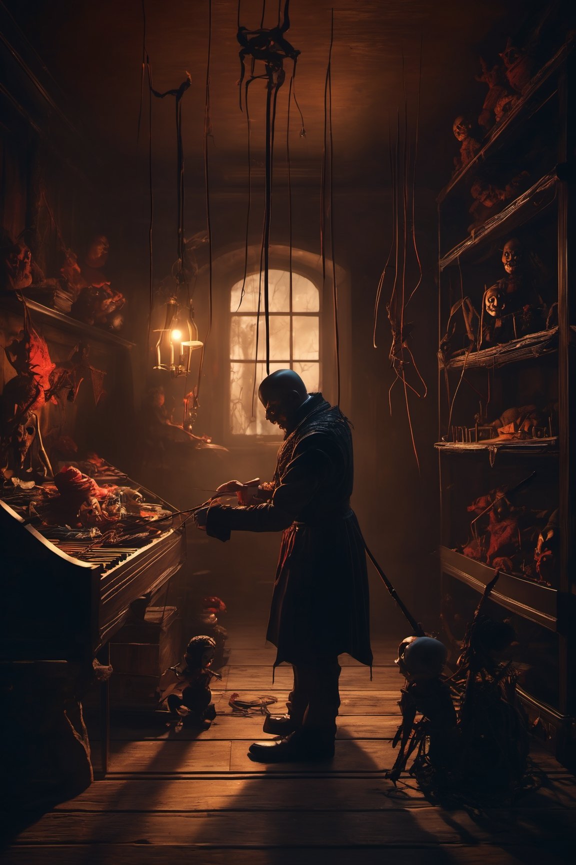 Craft an image of a puppetmaster whose creations have come to life,  their strings controlled by a sinister figure lurking...